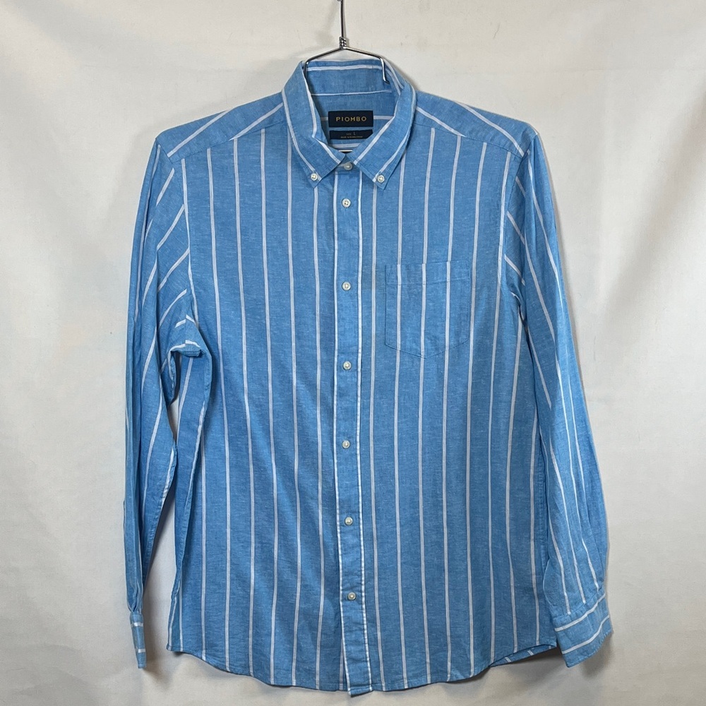Men’s Piombo Linen Cotton Blend Striped Button-Down Collar Dress Shirt Large